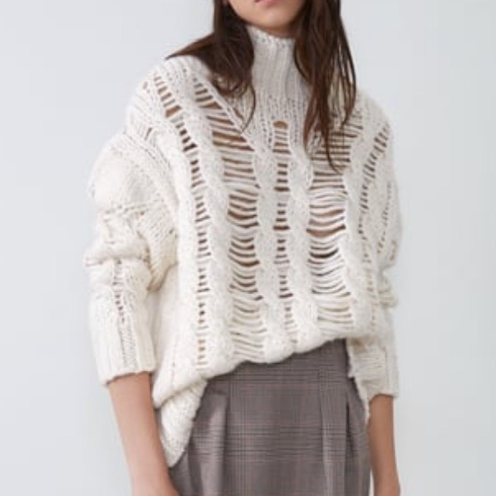 Zara Cable Knit Sweater Womens S Cream Mock Neck Open Ladder Stitch Chunky